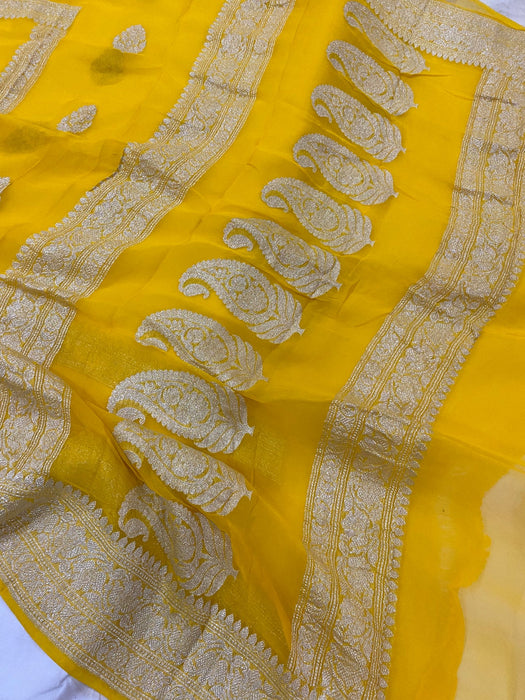 Yellow Pure Khaddi Georgette Banarasi Handloom Saree - Silver Zari