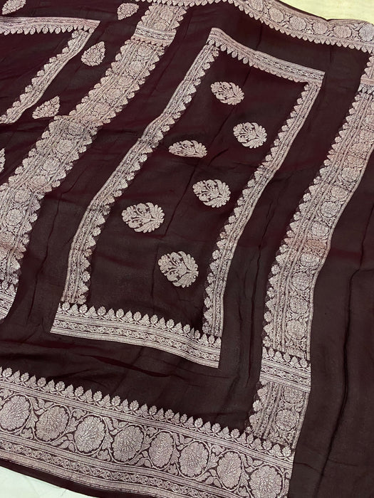 Italian Brown Pure Khaddi Georgette Banarasi Handloom Saree - Silver Zari