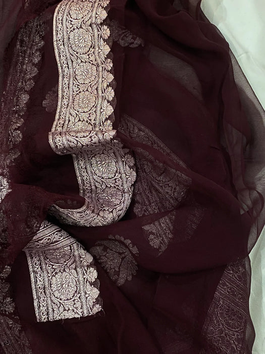 Italian Brown Pure Khaddi Georgette Banarasi Handloom Saree - Silver Zari