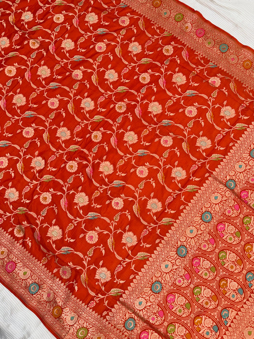 Orange Pure Katan Banarasi Handloom Saree - Meenakari Jaal Work