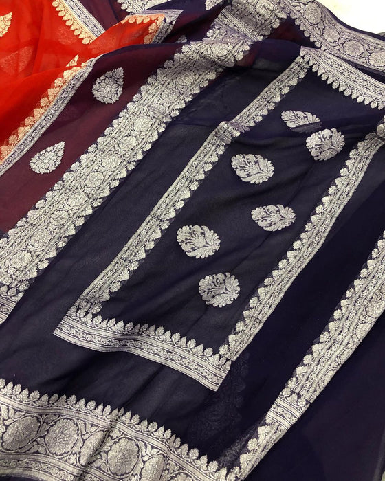 Midnight & Red Pure Khaddi Georgette Banarasi Handloom Saree - Silver Zari