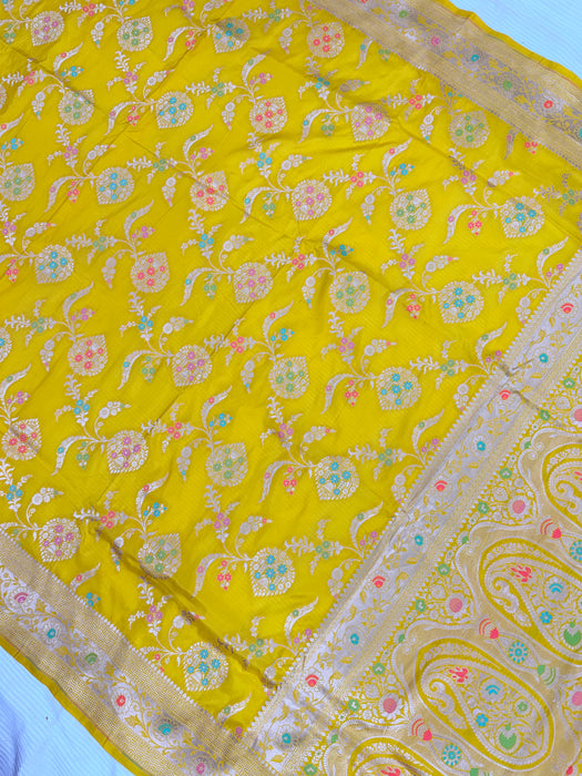 Yellow Pure Katan Banarasi Handloom Saree - Meenakari Jaal Work