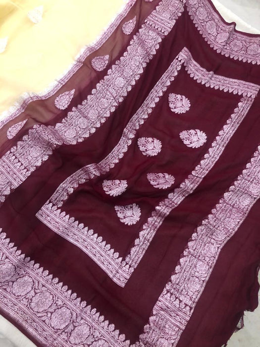 Wine & Cream Pure Khaddi Georgette Banarasi Handloom Saree - Silver Zari