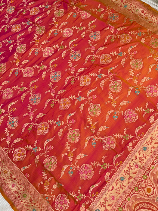 Dual shade Pure Katan Banarasi Handloom Saree - Meenakari Jaal Work