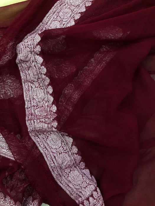 Wine & Cream Pure Khaddi Georgette Banarasi Handloom Saree - Silver Zari