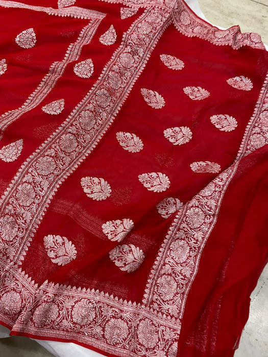 Red Pure Khaddi Georgette Banarasi Handloom Saree - Silver Zari