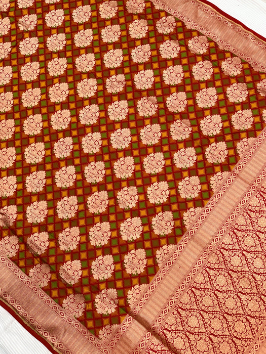 Red Pure Katan Banarasi Handloom Saree - Multi Meenakari