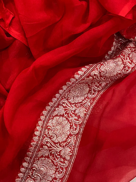 Red Pure Khaddi Georgette Banarasi Handloom Saree - Silver Zari