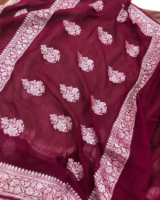 Wine & Copper Pure Khaddi Georgette Handloom Banarasi Saree - Silver Zari