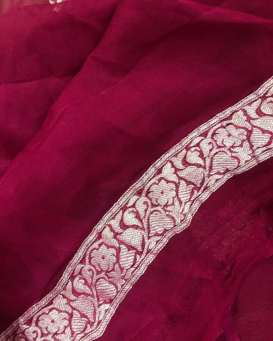 Wine & Copper Pure Khaddi Georgette Handloom Banarasi Saree - Silver Zari