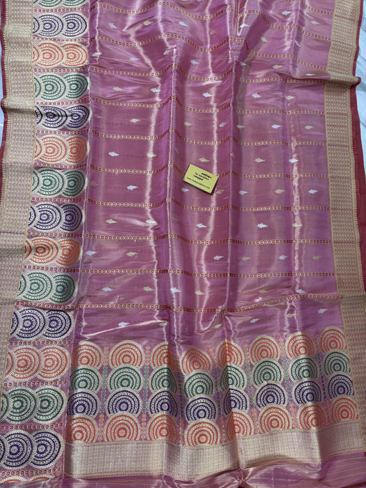 Pink Pure Tissue Katan Banarasi Handloom Saree - Kadhiyal Sona Roopa Meenakari