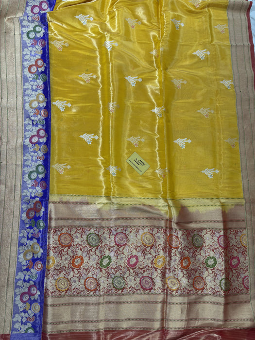 Yellow Pure Tissue Katan Banarasi Handloom Saree - Kadhiyal Sona Roopa Meenakari