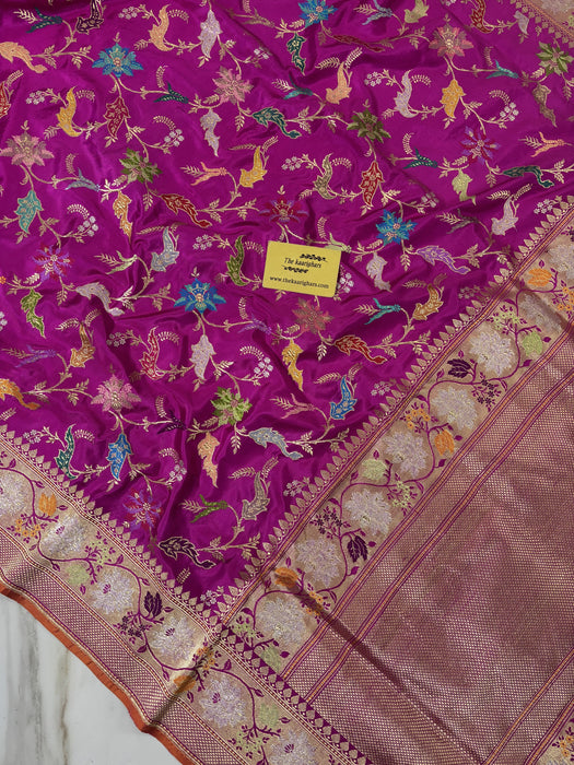 Rani Ektara Pure Katan Silk Banarasi Handloom Saree - Kadhiyal Jangla with Tested Zari