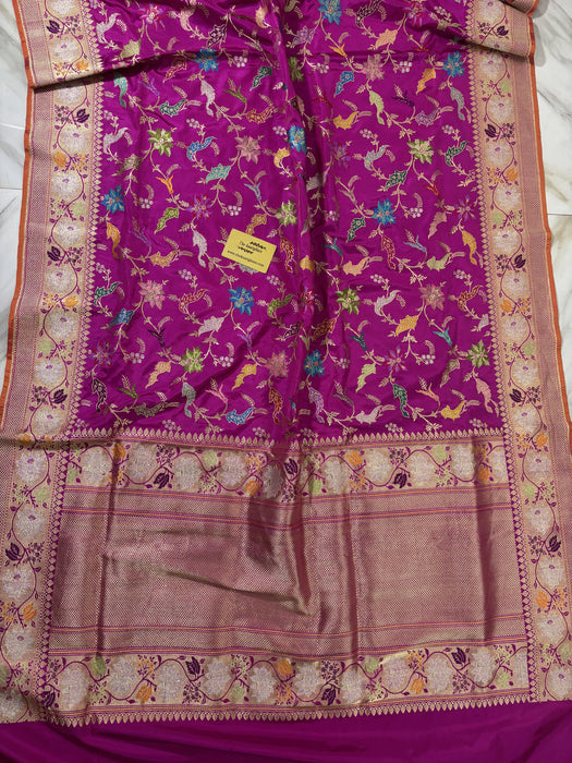 Rani Ektara Pure Katan Silk Banarasi Handloom Saree - Kadhiyal Jangla with Tested Zari