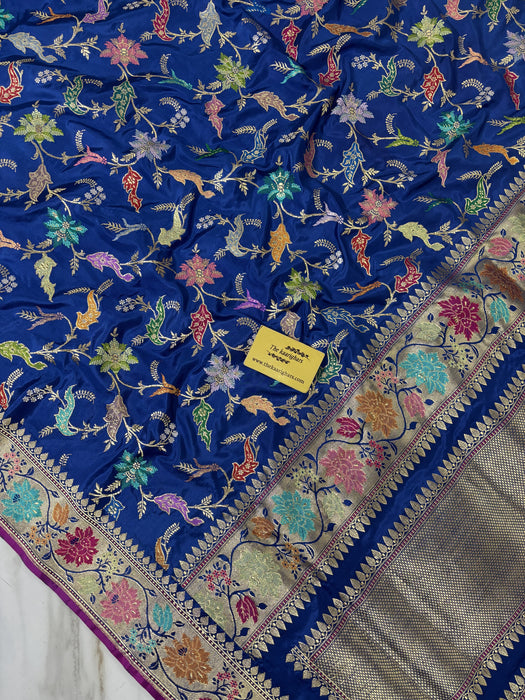 Blue Ektara Pure Katan Silk Banarasi Handloom Saree - Kadhiyal Jangla with Tested Zari