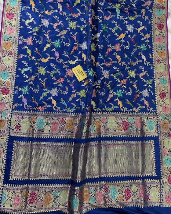 Blue Ektara Pure Katan Silk Banarasi Handloom Saree - Kadhiyal Jangla with Tested Zari