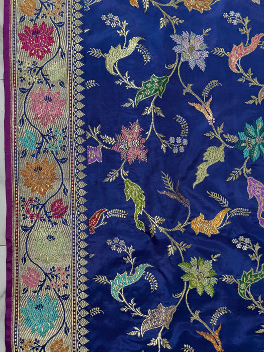 Blue Ektara Pure Katan Silk Banarasi Handloom Saree - Kadhiyal Jangla with Tested Zari
