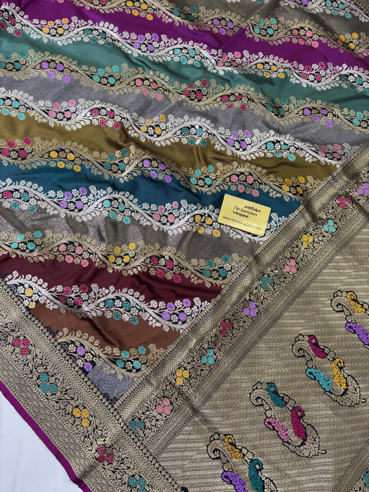 Ektara Pure Katan Silk Banarasi Handloom Saree - Rangkat Kadhiyal Jangla with Tested Zari