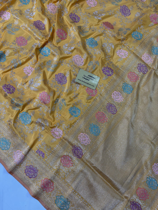 Ektara Yellow Pure Katan Silk Banarasi Handloom Saree - Kadhiyal Jangla with Tested Zari