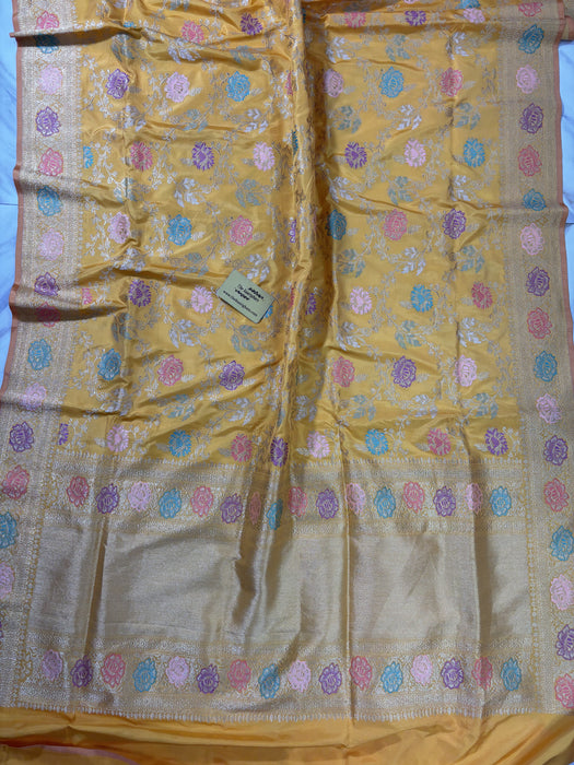 Ektara Yellow Pure Katan Silk Banarasi Handloom Saree - Kadhiyal Jangla with Tested Zari