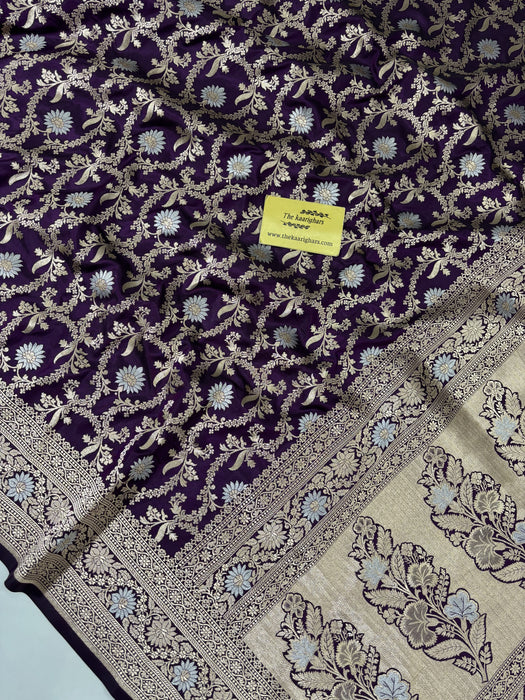 Spanish Purple Pure Katan Banarasi Handloom Saree - Sona Roopa Jaal Work