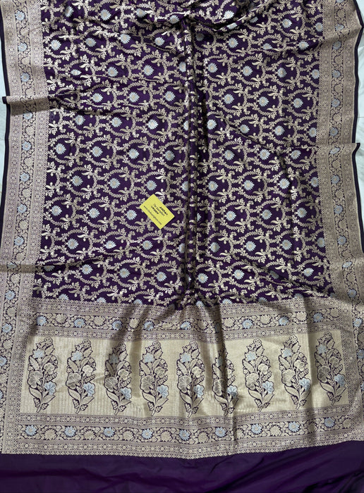 Spanish Purple Pure Katan Banarasi Handloom Saree - Sona Roopa Jaal Work