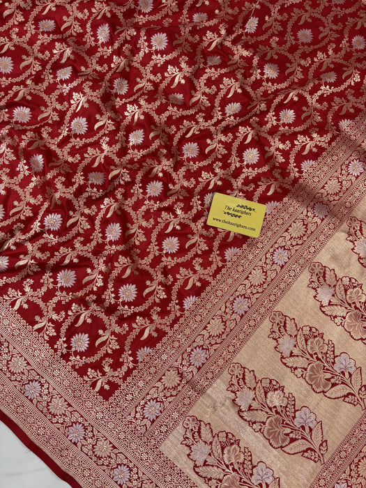 Red Pure Katan Banarasi Handloom Saree - Sona Roopa Jaal Work