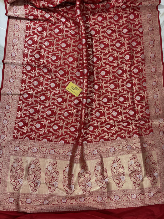 Red Pure Katan Banarasi Handloom Saree - Sona Roopa Jaal Work