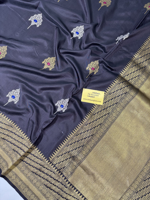 Charcoal Black Pure Katan Banarasi Handloom Saree - Kadiyal Sona Roopa