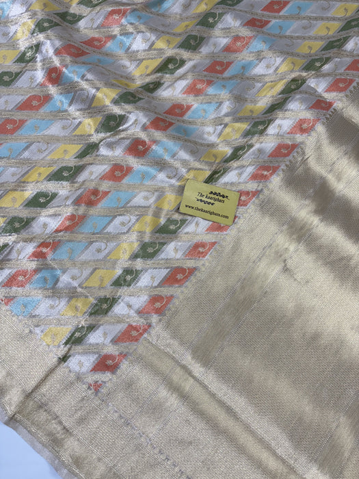 Cream Pure Tissue Katan Silk Banarasi Handloom Saree - Kadhiyal Rangkat