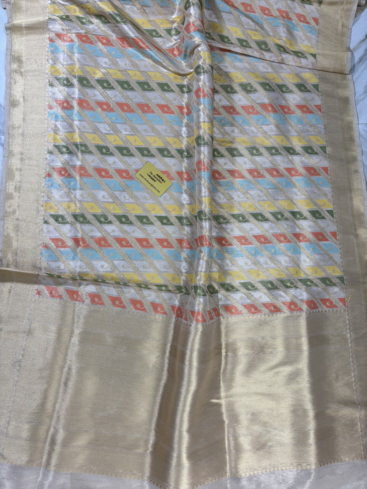 Cream Pure Tissue Katan Silk Banarasi Handloom Saree - Kadhiyal Rangkat