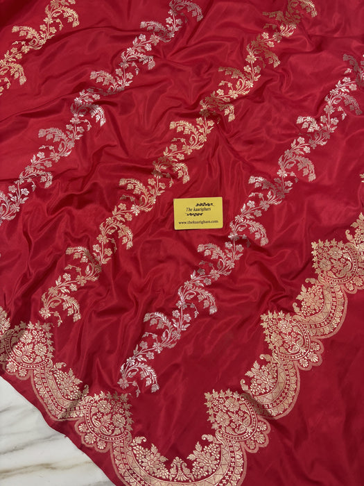 Red Pure Katan Banarasi Handloom Saree - Kadiyal Jaal Work