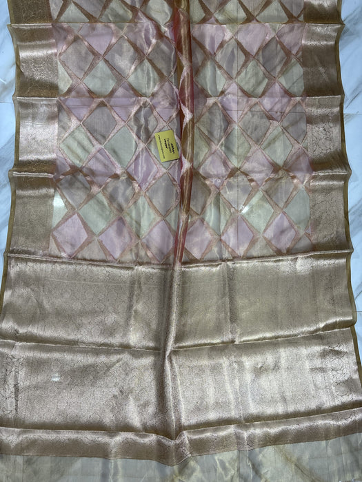 Gold Pure Banarasi Tissue Handloom Saree - Hand Filled Meenakari