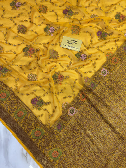 Mustard Pure Khaddi Chiffon Banarasi Saree - Meenakari Work