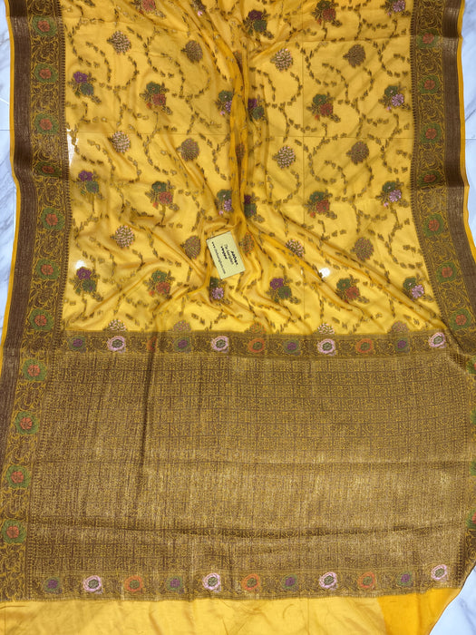 Mustard Pure Khaddi Chiffon Banarasi Saree - Meenakari Work