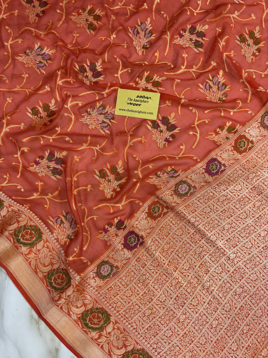 Orange Pure Khaddi Chiffon Banarasi Saree - Meenakari Work