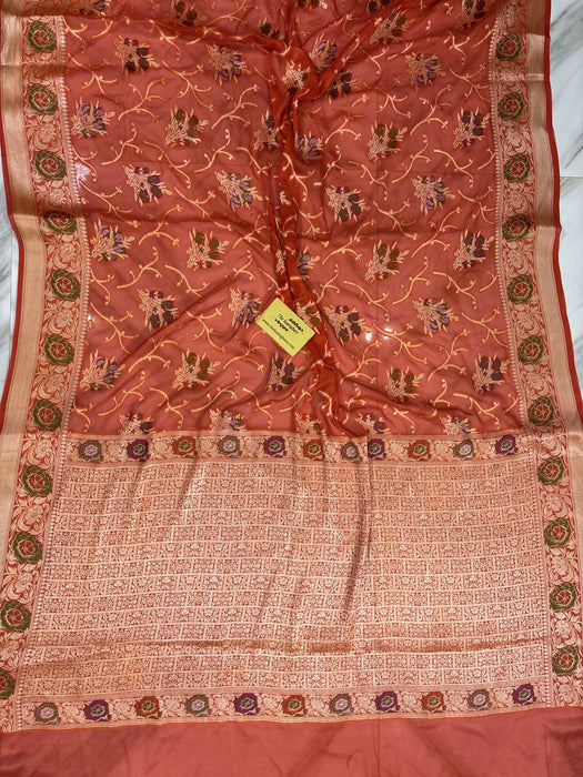 Orange Pure Khaddi Chiffon Banarasi Saree - Meenakari Work