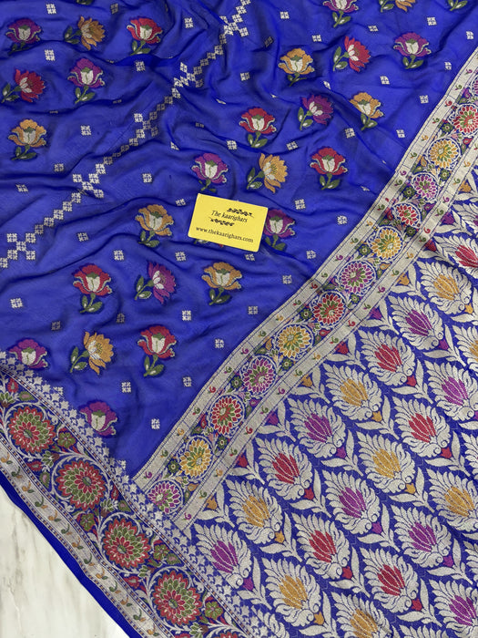 Royal Blue Pure Khaddi Chiffon Banarasi Saree - Meenakari Work