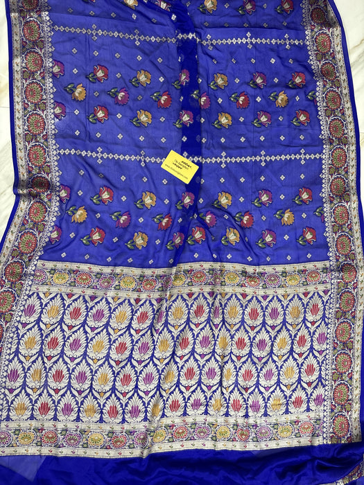 Royal Blue Pure Khaddi Chiffon Banarasi Saree - Meenakari Work