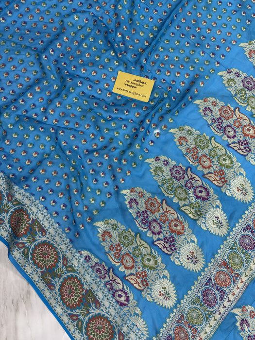 Blue Pure Khaddi Chiffon Banarasi Saree - Meenakari Work