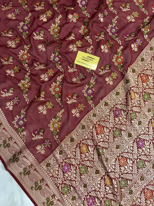 Maroon Pure Khaddi Chiffon Banarasi Saree - Meenakari Work