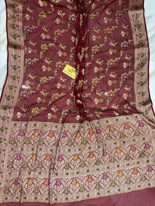 Maroon Pure Khaddi Chiffon Banarasi Saree - Meenakari Work