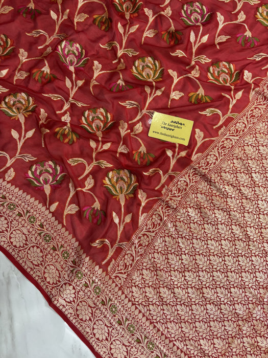 Red Pure Khaddi Chiffon Banarasi Saree - Meenakari Work