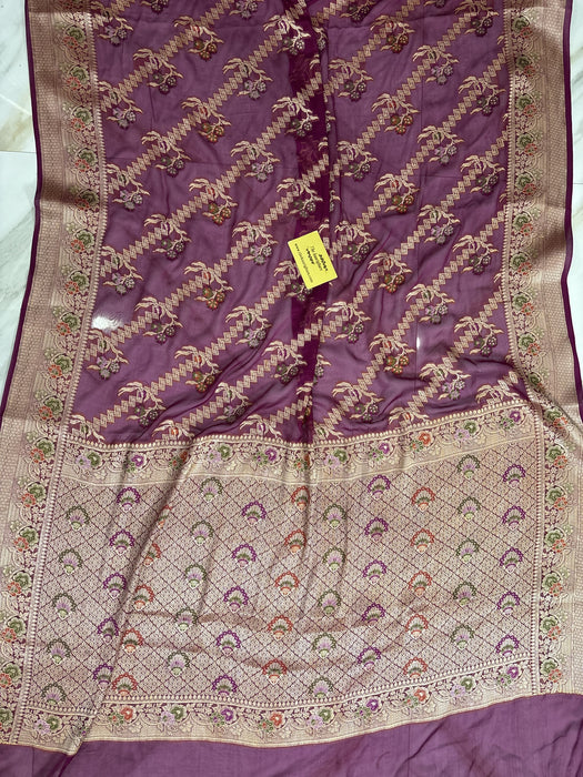 Wine Pure Khaddi Chiffon Banarasi Saree - Meenakari Work