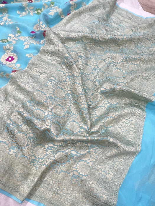 Blue Khaddi Georgette Banarasi Handloom Saree - Meenakari