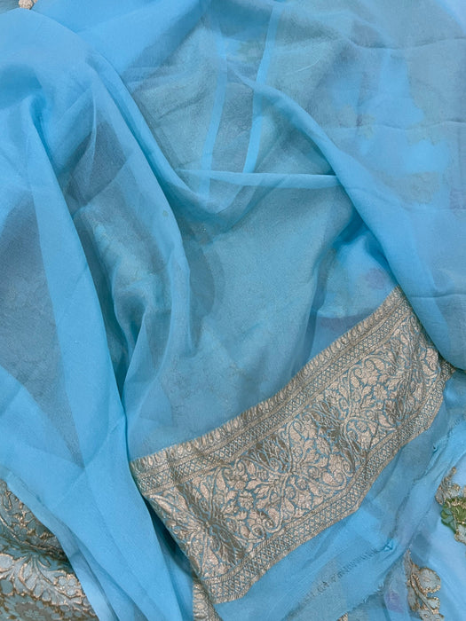 Blue Khaddi Georgette Banarasi Handloom Saree - Meenakari
