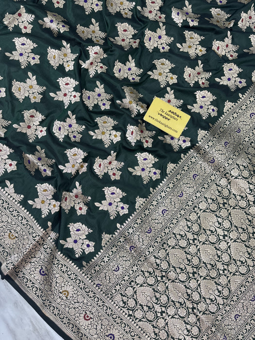 Bottle Green Pure Katan Banarasi Handloom Saree - Tilfi Meenakari Work
