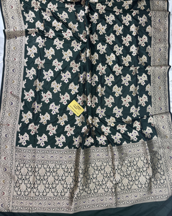 Bottle Green Pure Katan Banarasi Handloom Saree - Tilfi Meenakari Work