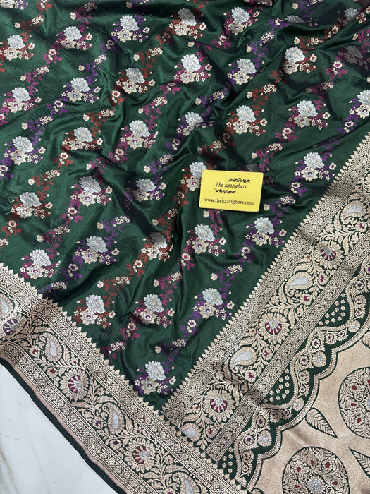 Bottle Green Pure Katan Banarasi Handloom Saree - Meenakari Jangla