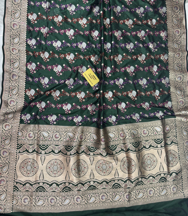 Bottle Green Pure Katan Banarasi Handloom Saree - Meenakari Jangla